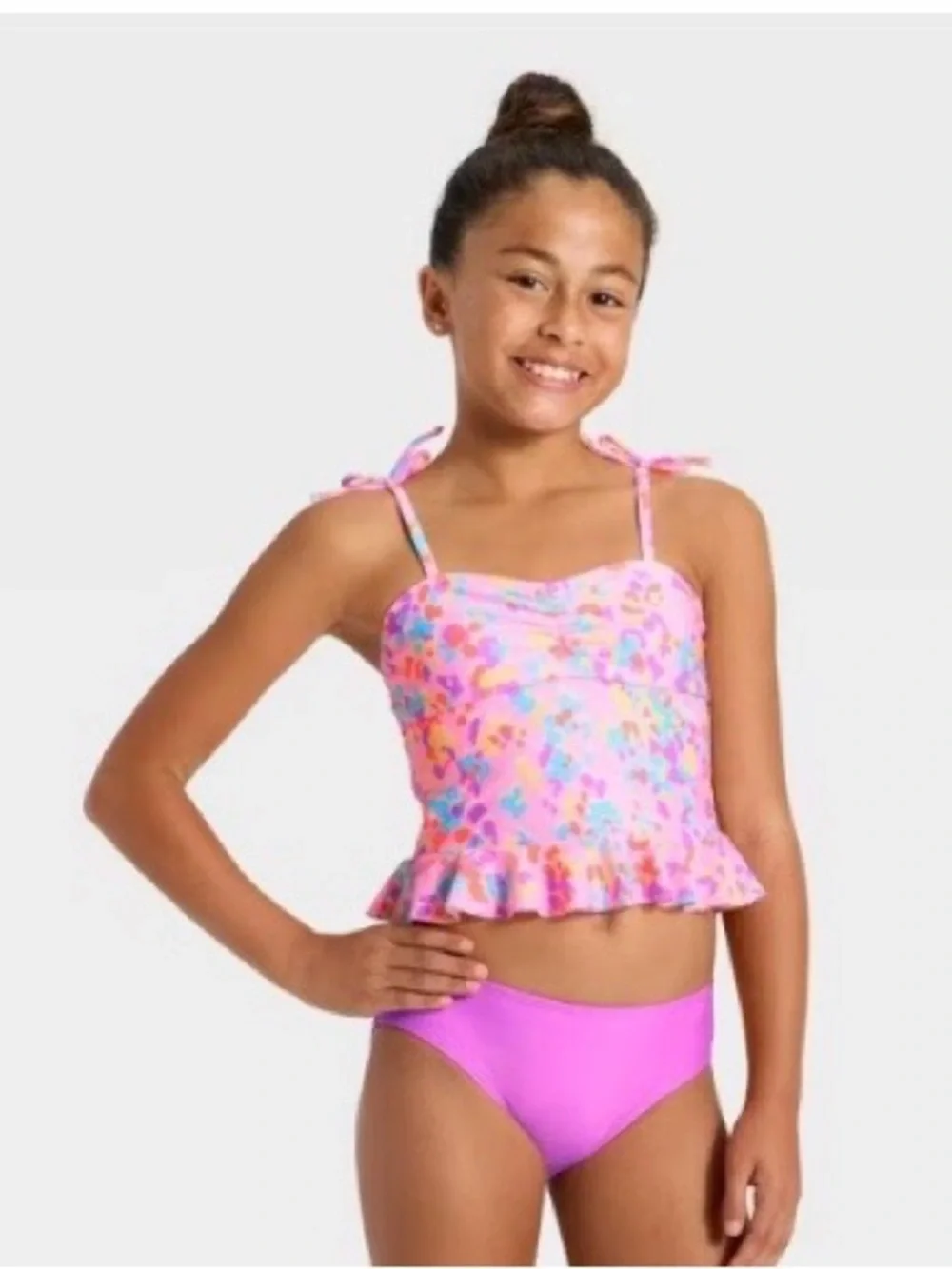 Buy 1 get 1 50% off Pink Floral Ruffle Tankini with Solid Pink Bottoms